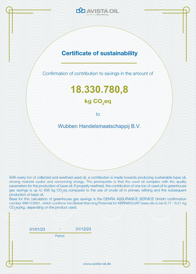 AVISTA OIL B.V. - Certificaat van Duurzaamheid